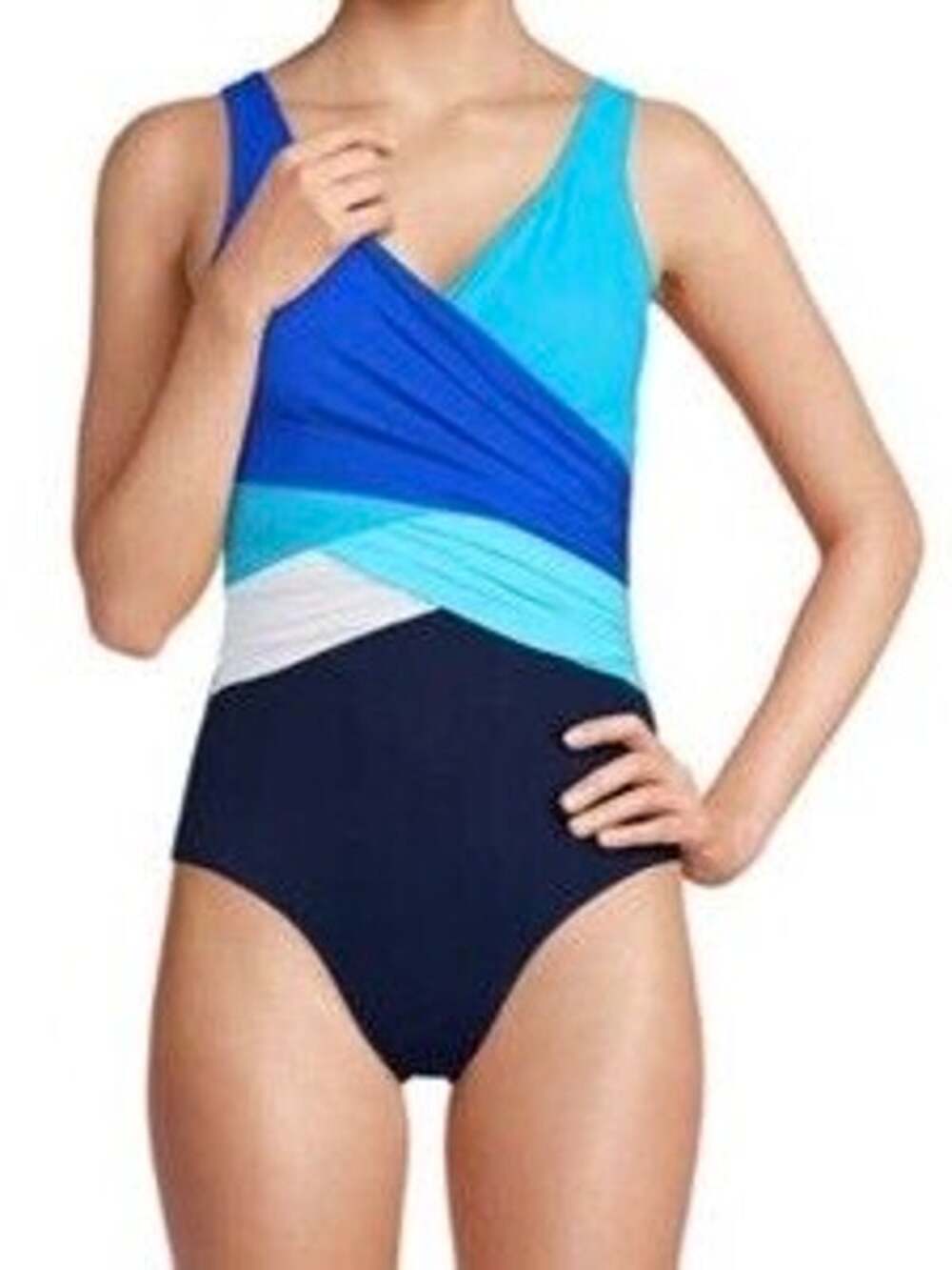 Lands End Blue&White Draped Slendersuit One Piece Swimsuit Sz.12 NWT